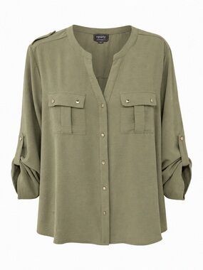 Ninety Clothing Co Olive Green Utility Blouse XL Roll Tab Sleeve Button Top